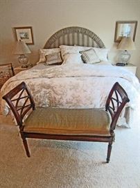 King bedroom set, custom made headboard, toile bedding, and bed bench