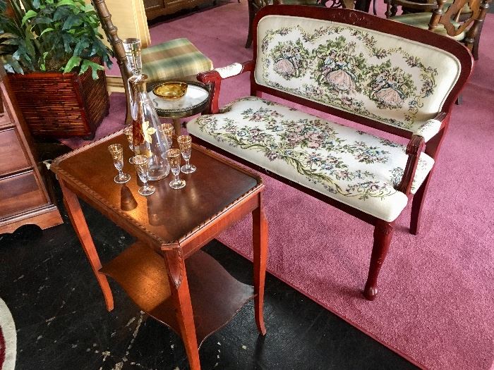 Upholstered Settee and a cute antique table