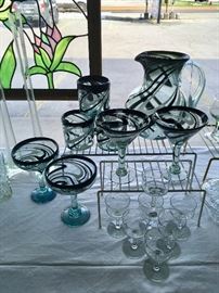 Hand Blown Glass Pitcher with 6 matching glasses