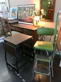 Antique typing table & desk, green metal high chair with stool (which has now sold), and a vintage movie screen