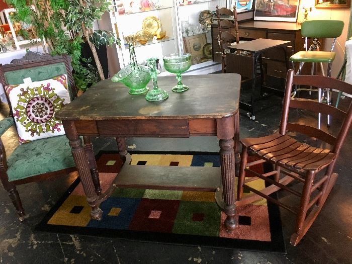 Vintage Table, Green Depression Glass, Small Rocker and Green upholstered ornate side chair