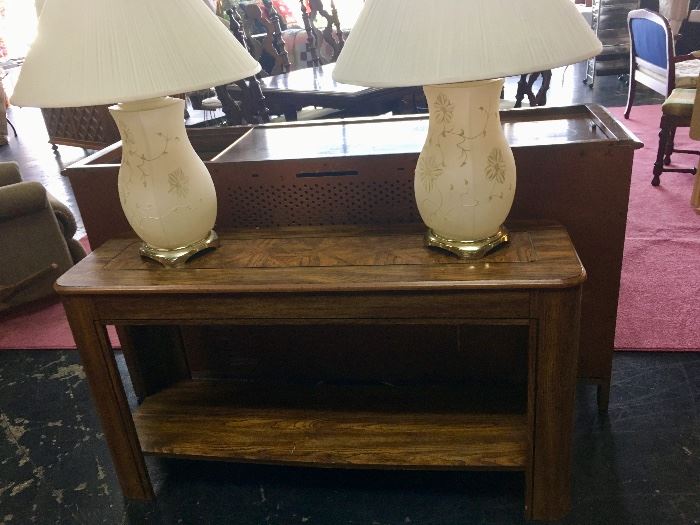 Oak Sofa Table and two matching lamps