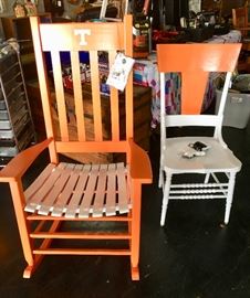 Tennessee Vols "HINKLE CHAIR CO." Rocker and custom painted TN antique orange and white side chair.