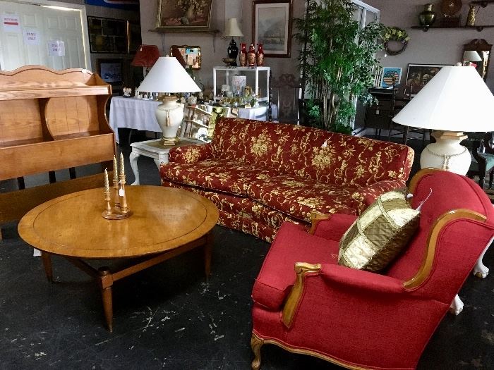 Curved Red & Gold Sofa, Mid-Century Modern Lazy Suzan Coffee Table