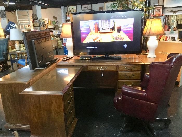 Office Furniture, 55" TV, Leather Upholstered Office Chair, and a 35" TV