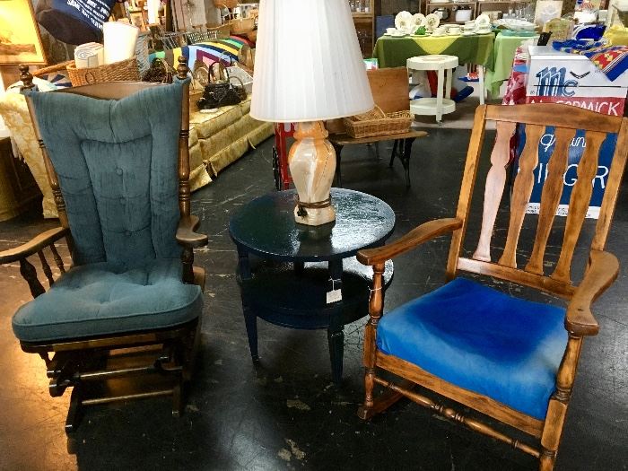 Antique Rockers and a 2-Tier Wooden Round Navy Blue Painted Table