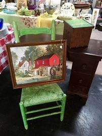 Painted Green Chair, Small Mahogany Desk, lots of framed artwork