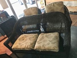 4-Piece Black Wicker Patio Furniture with Cushions (Loveseat, 2 Chairs, Coffee Table)