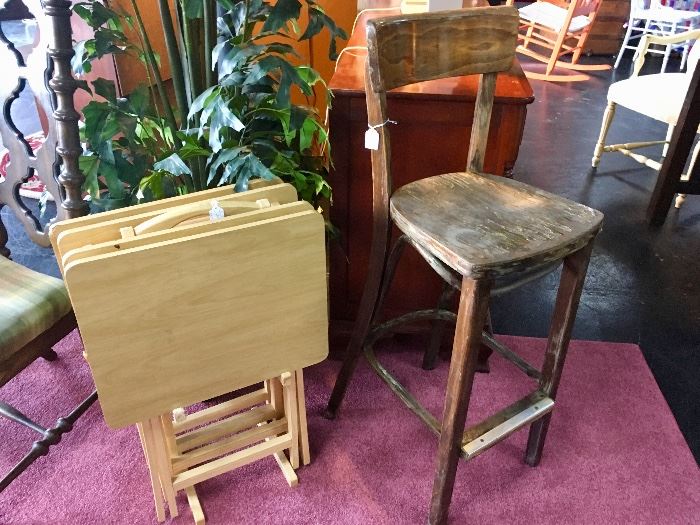 TV trays, antique bar chair