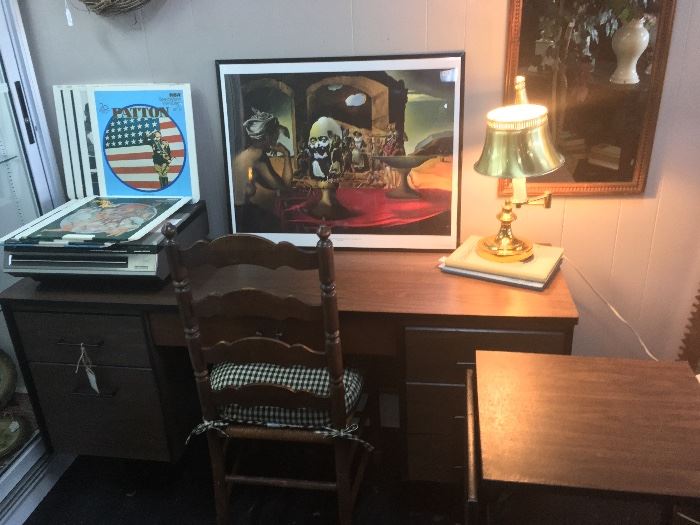 Office Desk, Wooden Chair, rolling typewriting table, Vintage RCA Selectavision Player with 8 Disks