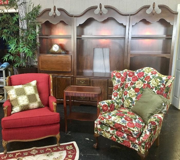 Floral Upholstered Wing Back Chair and Red Mid-Century Modern Chair