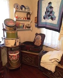 Hat boxes, luggage, pillows