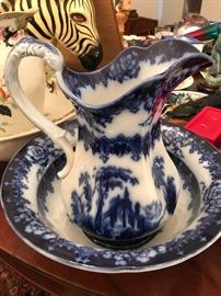 Flow Blue Wash Bowl and Pitcher