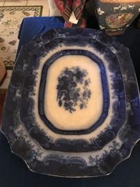 Victorian Era Flow Blue Platters- Matching Large and Smaller