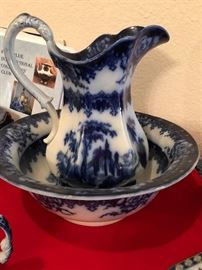 Rare Charles Meigh Flow Blue Washbowl and Pitcher in the Troy pattern