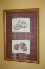 Framed art, garlic and red onion, signed
