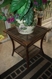 Rattan porch set, cushioned loveseat, 2 arm chairs and end table
