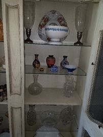 Sterling Candle Holders, Val St Lambert Crystal Bowl i Balmoral Pattern, Wedgwood Queensware Centerpiece Compote