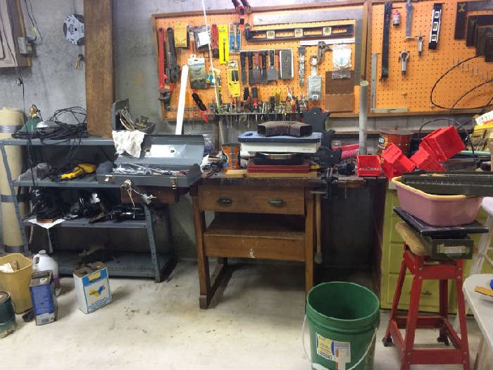 Various tools, antique work bench