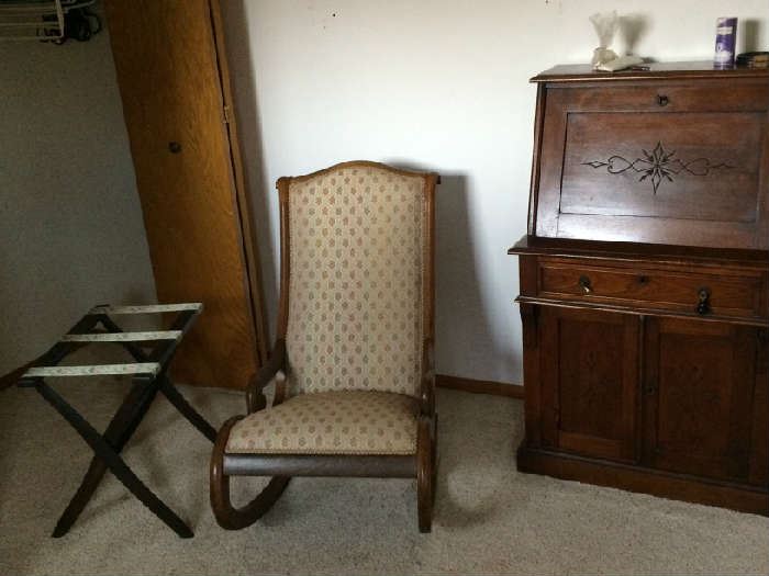 Antique rocker, luggage stand, secratary desk
