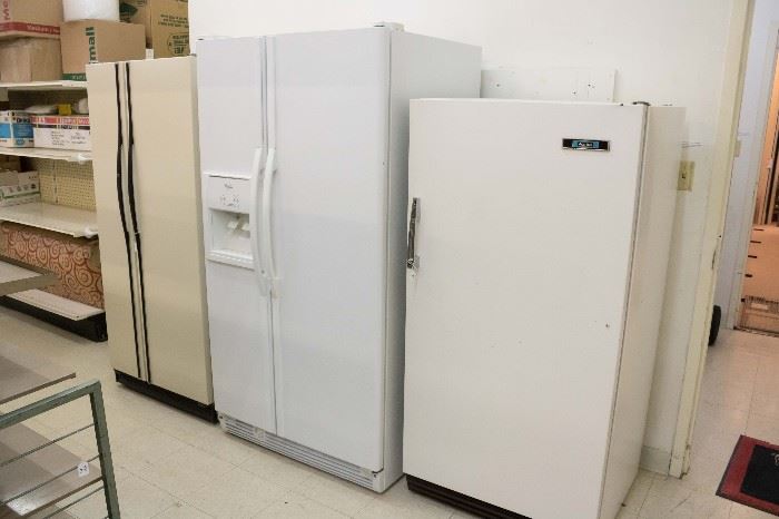 Admiral up right freezer, clean & in working order.  Whirlpool 22 cu.ft. side by side with ice & water in the door in very good condition. Hotpoint no frost side by side that's 19.7 cu. ft. in - working. 