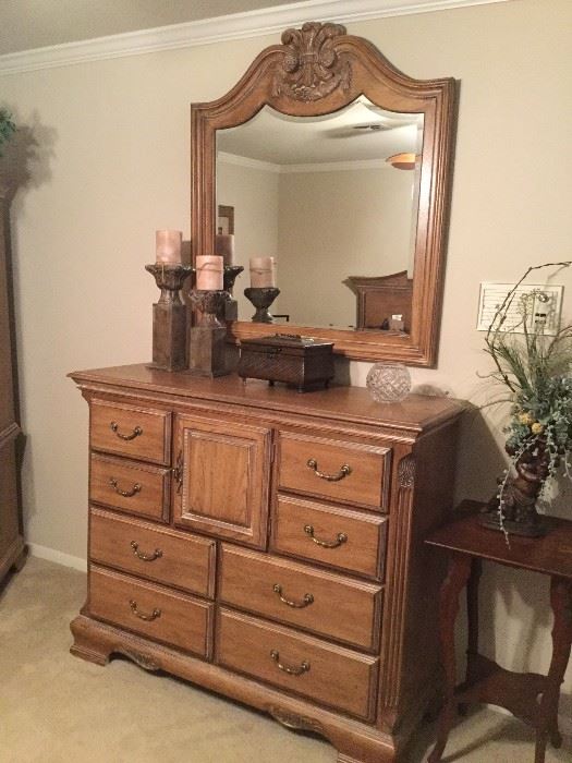 Carved landscape mirror and chest of drawers