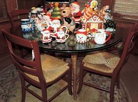 Glass Top Round Table and Pottery Barn Red Chairs with Rush Seats and Cookie Jar Collection