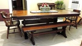 Kling Colonial Trestle Farmhouse Table with 2 Benches, 2 Chairs and 2 Leaves