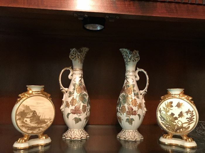 Davenport Longport Staffordshire scenic gold vases (two smaller showing both sides of vases)
