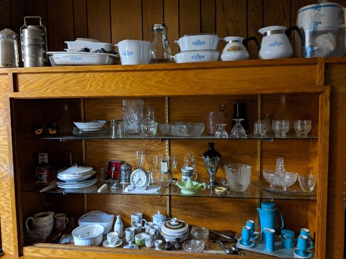 Vintage corning ware, Crystal decanter, tea set 