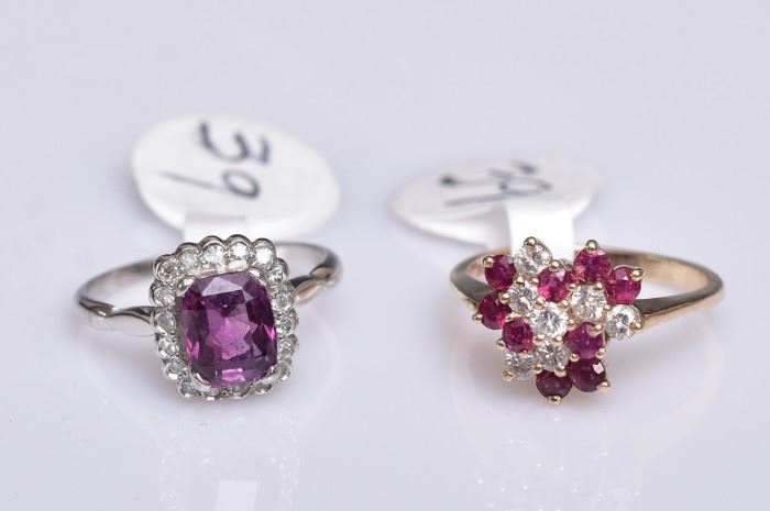 Two 14k Gold Rings
rubies and diamonds, ring size 6 and
pink sapphire surrounded by diamonds,
ring size 7, 4.3 dwt gross