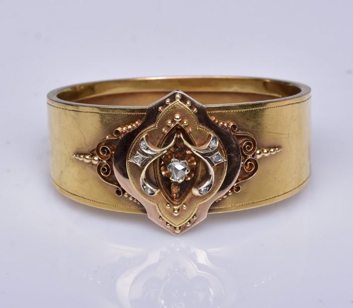 French 18k Gold Diamond Cuff Bracelet
set with rose cut diamonds
7" wrist, 24 dwt gross
in a fitted leather case
circa 1870