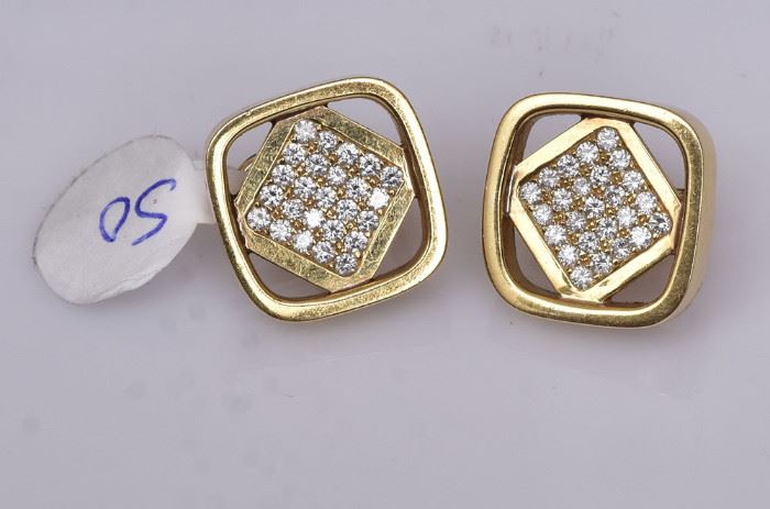 Cartier 18k Gold Diamond Earrings
17 mm long for pierced ears, 12 dwt gross
one signed "Dinh Van/Cartier/18k"