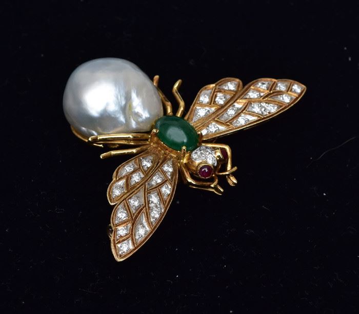 18k Gold Bee Brooch
with pearl and emerald body 
with ruby eyes and diamond wings
1 7/8" wide, 7.7 dwt gross