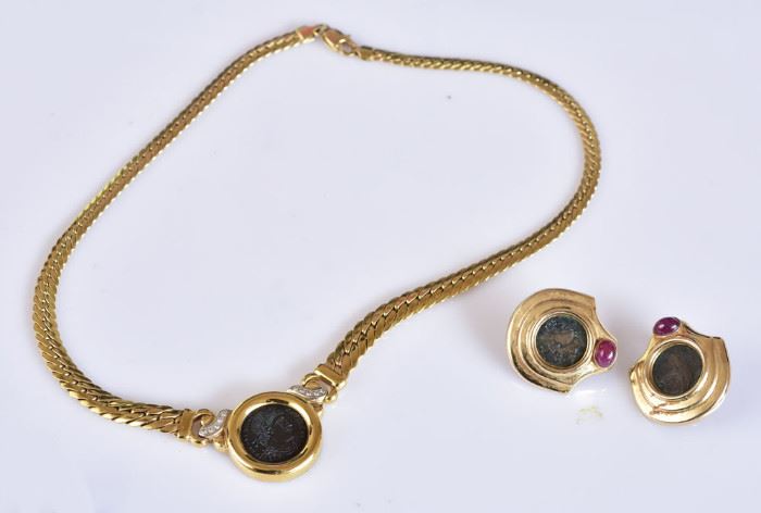 18k Gold Ancient Coin Necklace and Earring Set
the necklace set with 10 diamonds, 15" long
the earrings set with cabochon rubies,
1 1/4" long, 28 dwt gross
