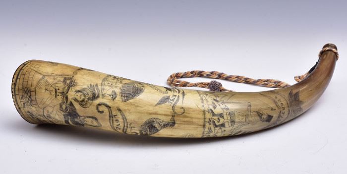 Decorated Powder Horn
inscribed "M W Howard Serg't 17th Reg't" 
16" long
2nd quarter 19th century
