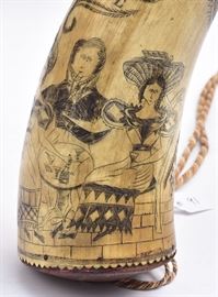 Decorated Powder Horn
inscribed "M W Howard Serg't 17th Reg't" 
16" long
2nd quarter 19th century