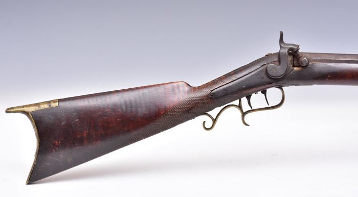 Tiger Maple Percussion Rifle
35" long octagonal barrel
engraved H.Elwell
mid 19th century