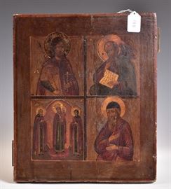 Russian Icon
four panels depicting Christ, Madonna and
Apostles, 14 1/4" x 12"