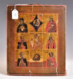 Russian Icon
nine panels depicting Madonna and Child,
and John the Baptist, 12 1/4" x 10 1/4"