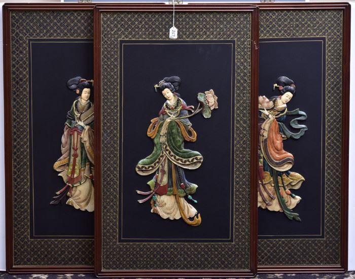 Japanese Teak Panels (3)
with hard stone figures of Geisha
each 40" high 24"wide