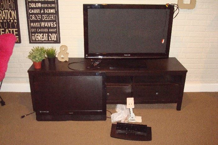 42 inch Panasonic hdtv. 32 inch vizio hdtv with wall mount and Ikea black component/tv cabinet or chest.
