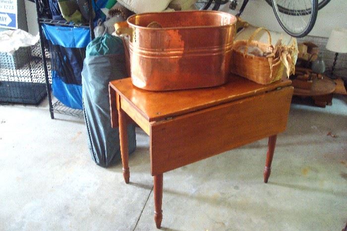 Antique pine drop leaf table, copper wash boiler and misc.