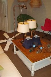 Ceiling fan, floor lamp, table lamps, coffee table & etc.