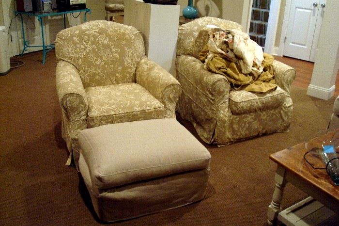 Pair Arhaus occasional chairs, like new with custom slipcovers plus extras. Also ottoman.