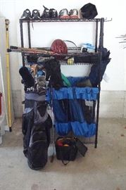 Golf clubs, sporting equipment& rack.