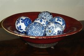 Fitz & Floyd bowl, blue & white porcelain decorator balls