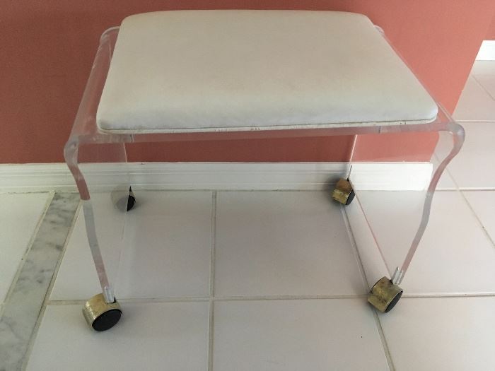 Vintage White Leatherette Upholstered Lucite Vanity Bench with Brass Coasters