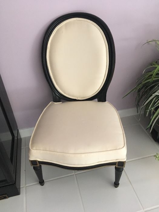Hollywood Regency Pair of Slipper Chairs -Cream Silk Upholstered with a Black Frame