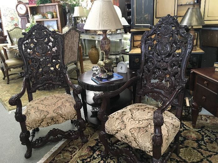 2 Marge Carson King and Queen Wood Carved Chairs